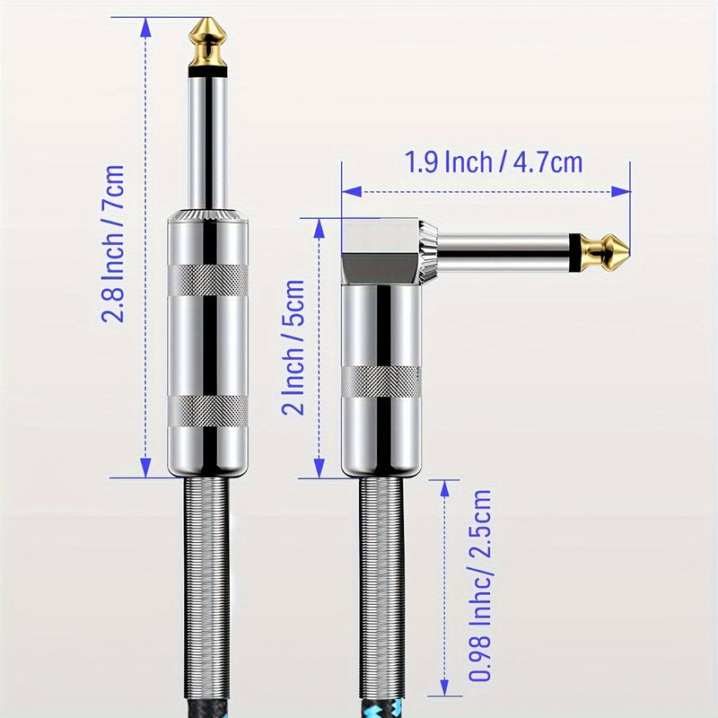 2 piezas, cables para instrumentos de guitarra de 1/4 de pulgada, conector recto a ángulo recto con resorte, cubierta de malla de algodón oscura/celeste, entrada de cable de guitarra de 6,35 mm para guitarra eléctrica, bajo, amplificador, teclado, mandol
