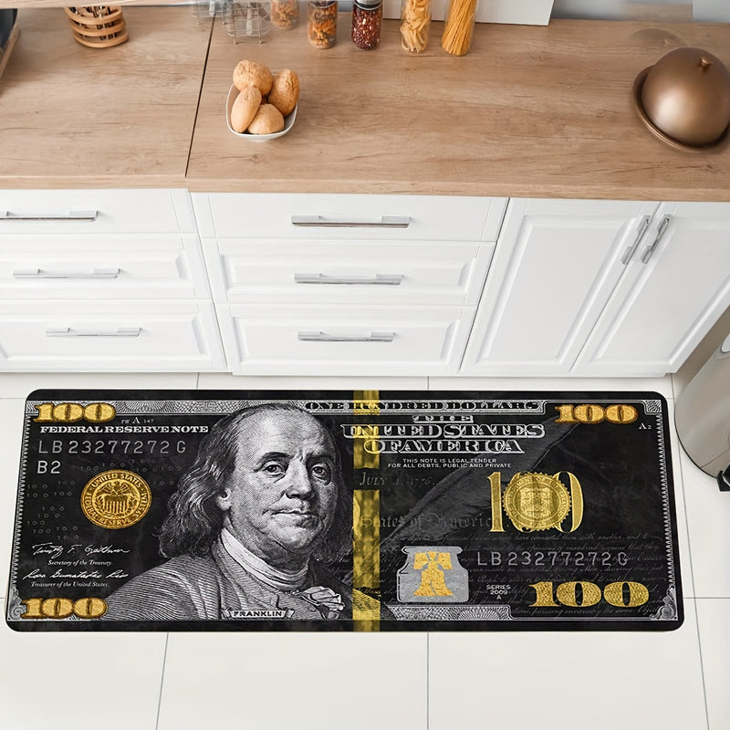 1pc, Alfombra antifatiga de poliéster con figura negra y dinero, alfombra suave y acogedora de 100 dólares, para entrada, alfombra de dormitorio, sala de estar, sala de lectura, alfombra de lavandería, pasillo.