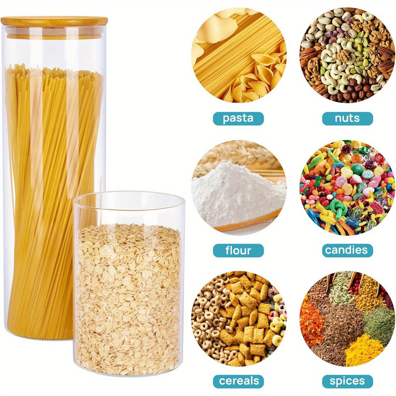 Tarros de Vidrio para Almacenamiento de Comida, Set de 7 Contenedores con Tapas Herméticas de Madera y Bambú para Pasta, Galletas, Frutos Secos, Granos de Café, Cereales, Tarros de Vidrio para Cocina, Organización del Despensa, Libre de BPA