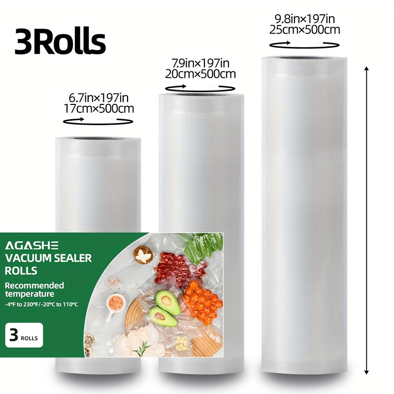 3 Rollos de Bolsas de Almacenamiento al Vacío Reutilizables AGASHE - Sin BPA, Herméticas y Sellado Rápido para Conservación de Alimentos, 3 Tamaños para Todas las Seleradoras al Vacío, Resistentes a la Congelación & Duraderas para Organización de Cocina