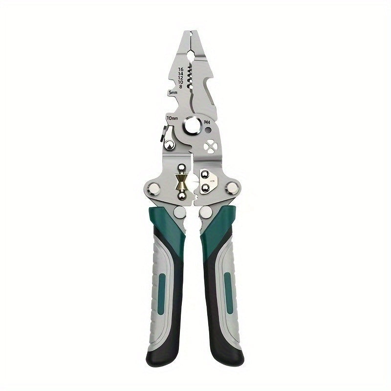 1 película desplegable multifuncional para pelar cables - Herramienta eléctrica de acero cromo vanadio con funciones de crimpado, corte y llave, diseño compacto y portátil para uso en el hogar, exterior e industrial, herramienta para pelar cables, manten