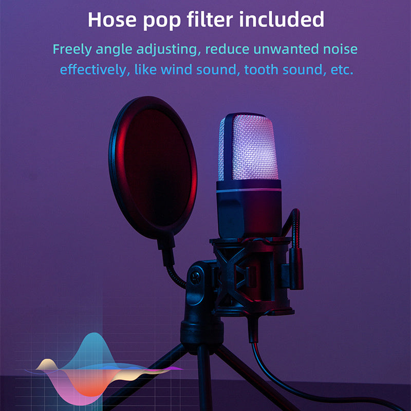 Micrófono de juego, micrófono USB para PC para podcasts de video, transmisión, micrófono de condensador con función de silencio rápido, trípode, filtro de pop, luz indicadora RGB, soporte antivibraciones, perilla de ganancia rotativa, compatible con PS4/
