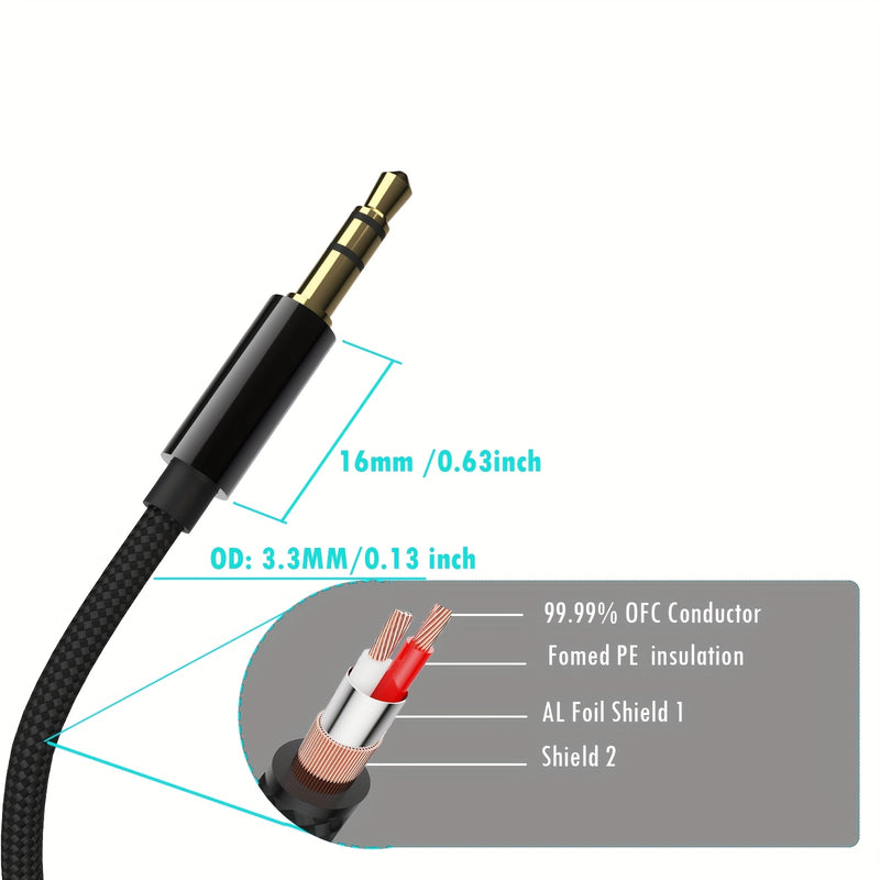 Cable Auxiliar de 3.5mm Chapado en Oro Premium - Trenzado de Nylon, Funda Metálica, Cobre 4N, Doble Blindaje para Baja Resistencia - Ideal para Audio de Coche, Altavoces, Reproductores de CD, MP3, para MacBook y Amplificadores