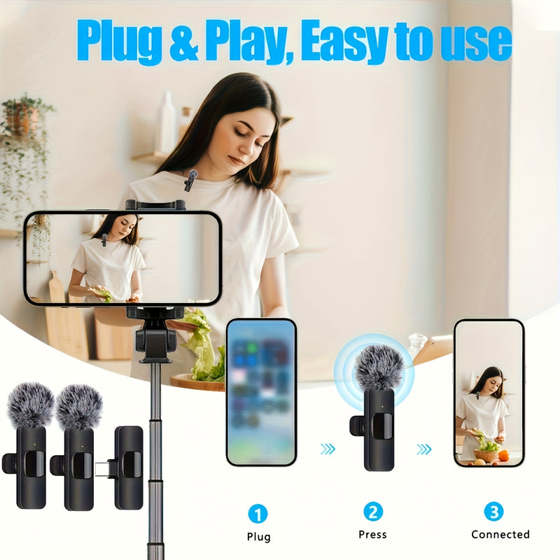 Microfono Lavalier sin varillas, Microfono Profesional para Grabación sin Cables para iPhone, IPhone15, Android, iPad - Paquete de 2 Micrófonos Lavalier para Entrevistas y Podcasts -