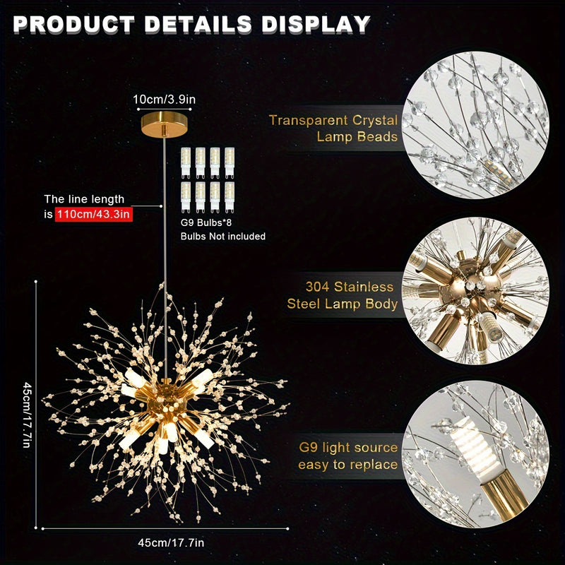 1 lámpara de cristal dorado de lujo, diseño moderno de diente de león, 8 bases para bombillas G9 - sin bombillas incluidas, cable ajustable, estructura metálica, ideal para sala, comedor, dormitorio o cocina