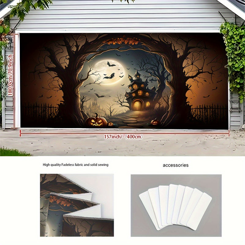 Decoración de Puerta de Garaje de Halloween con Calabaza y Castillo de Murciélagos - 1pc Tapiz Colgante de Poliéster, Banderín Festivo para Ambiente de Jardín