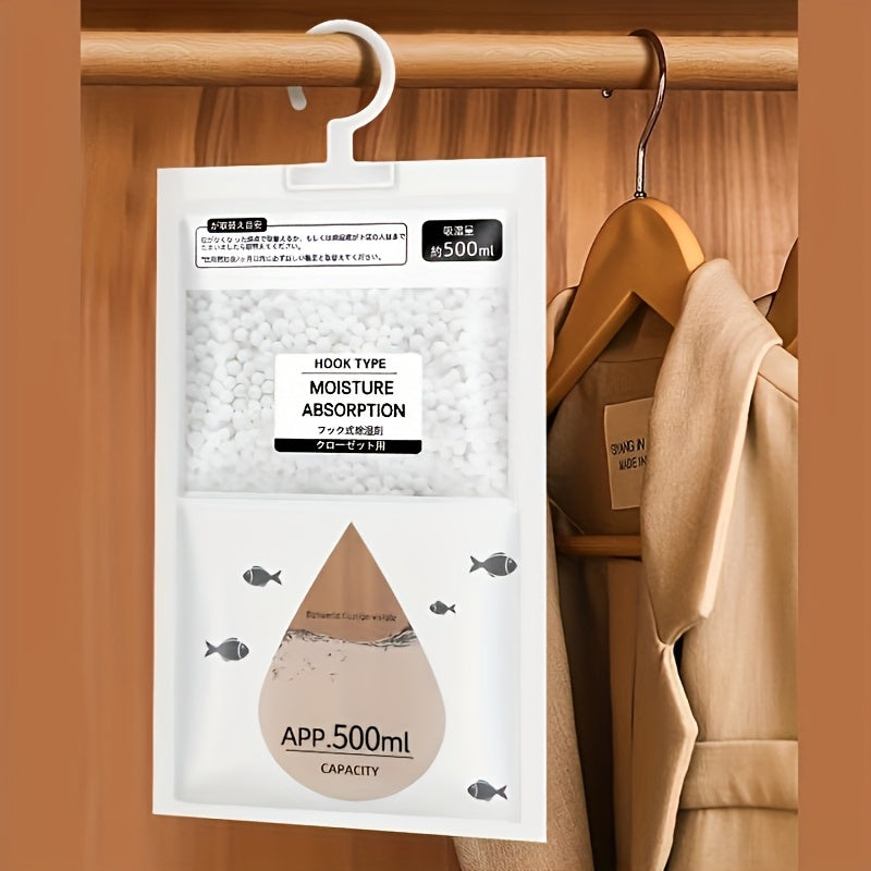 5-Unidad Paquete Grande Bolsas de Absorción de Humedad de 500ml para Ropa - Sin Electricidad, Sin Requerimiento de Energía, Alta Capacidad para Armario y Deshumidificación en el Hogar, Blanco con Acentos Azules, Absorción de Humedad|Diseño Transparente|V