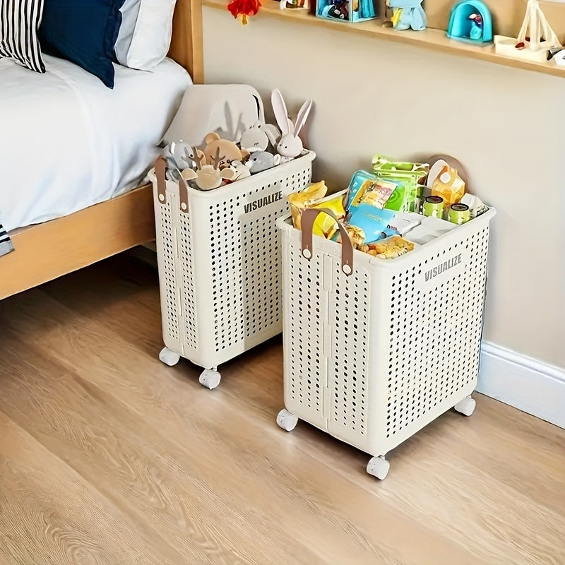 1 cesta de almacenamiento plegable blanca de tamaño medio-grande con ruedas - Organizador que ahorra espacio para toallas, ropa, juguetes y más - Caja plegable portátil de plástico con asas, ideal para el hogar, la cocina, el baño y el spa, solución de a