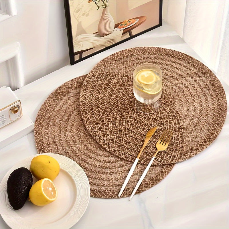 6pcs Elegantes Manteles Redondos Bohemios - Antideslizantes y Aislados Térmicamente de Yute Natural, Fáciles de Limpiar para Cenas, Comidas Familiares & Uso Diario, Tapetes de Cocina, Vajilla Rústica, Solo Lavado a Mano