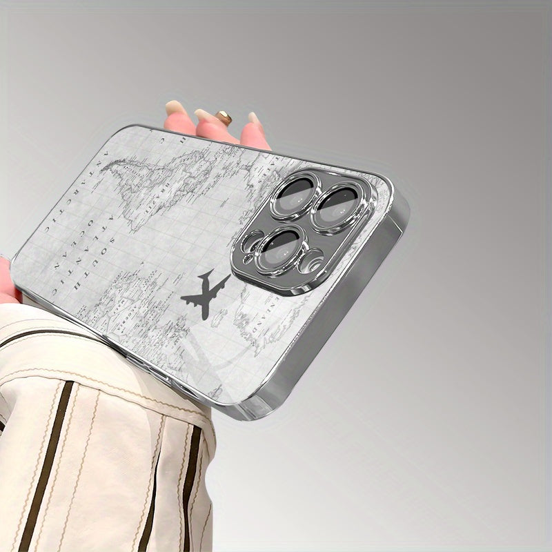Fundas de Teléfono TPU Electroplateadas con Patrón Creativo de Vuelo en Mapa Gris y Protección para Lente para iPhone 16/16Pro/16ProMax/16Plus/16e, 15/15Plus/15Pro/15ProMax, 14/14Plus/14Pro/14ProMax, 13/13Pro/13ProMax, 12/12Pro/12ProMax, 11/11Pro/11ProMa