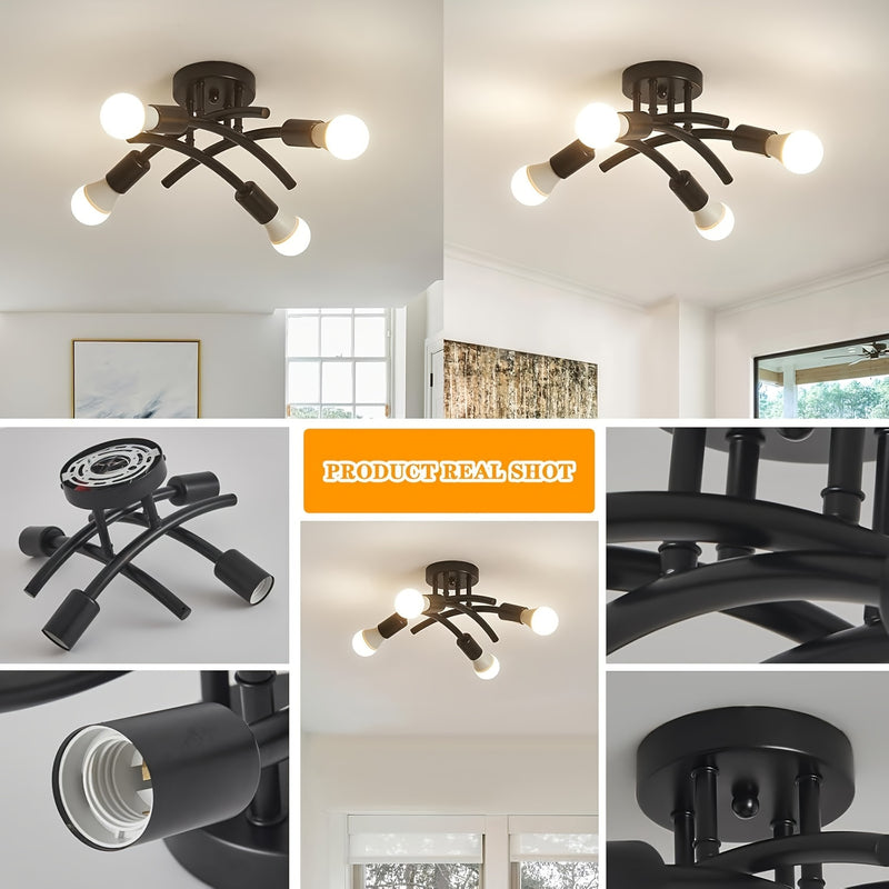 Aplique de Techo Semiempotrado Industrial de 4 Luces, Luminarias Modernas de Araña Sputnik, Apliques de Luz Industrial para Cocina, Aplique de Techo para Comedor y Pasillo, Base E26 E27 (Bombillas No Incluidas)
