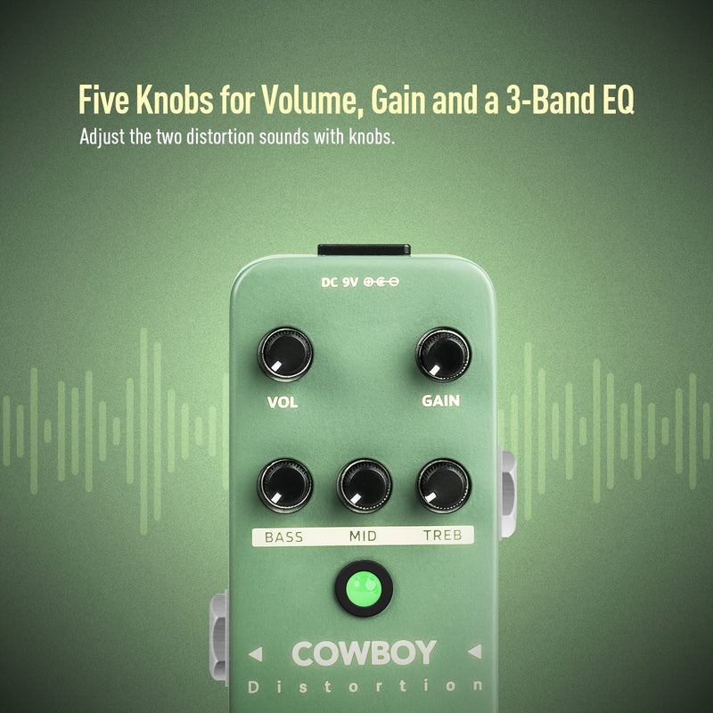 Pedal de Distorsión Sonicake Cowboy - Homenaje a Dimebag Darrell con Interruptor Dual (Bajo/Medios/Agudos), Construcción Metálica Resistente, Pedal Compacto Verde para Heavy Metal, Rock y Blues - Incluye Correa Hook and Loop, Compatible con 9V-18V DC (Po