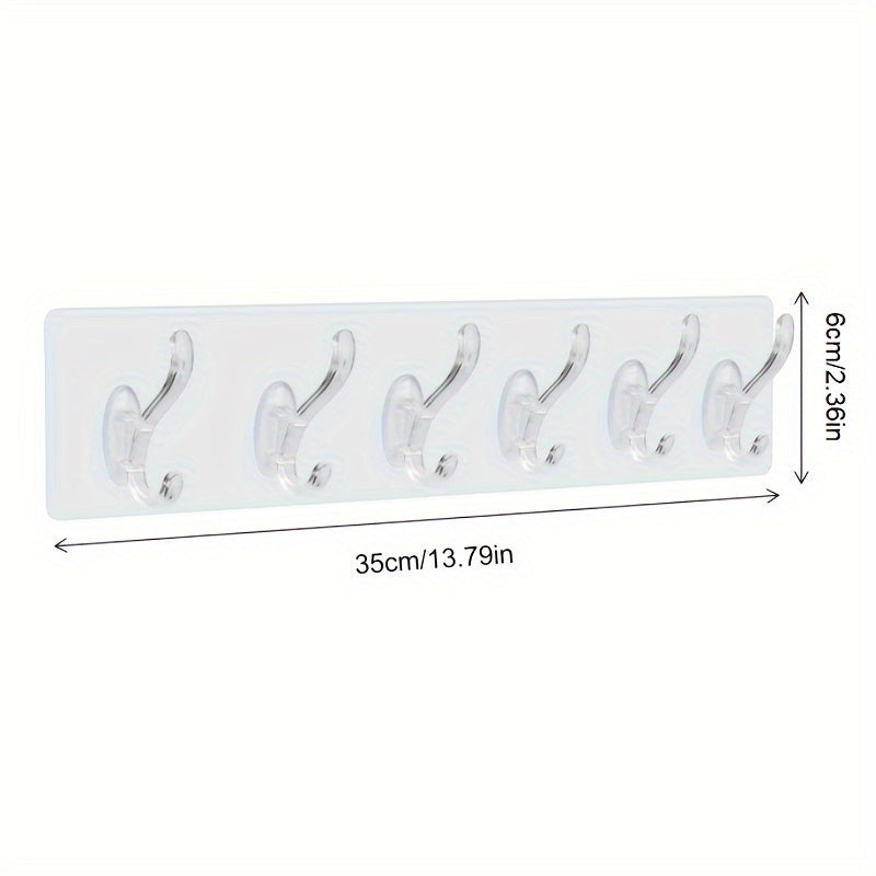Ganchos de plástico transparente para pared - Fácil instalación, sin perforaciones, adhesivo sin rastro, fila de 6 ganchos para almacenamiento de baño y armario