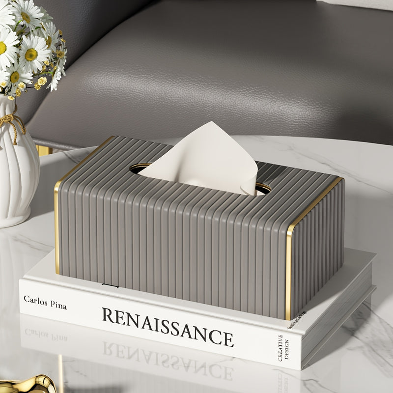 Estuche Elegante para Pañuelos de Cuero Sintético Estilo Nórdico con Rayas Italianas - Diseño Rectangular en Blanco y Dorado para Sala, Comedor o Baño, Decoración de Pared