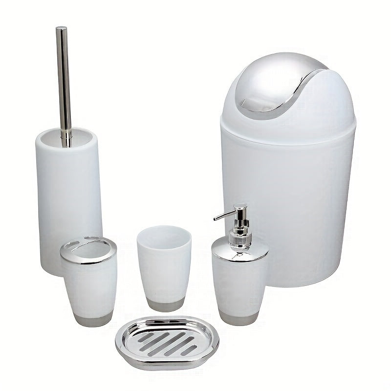 Juego de artículos de tocador de baño de hotel, juego de cinco piezas, dispensador de jabón de mano creativo de plástico, caja de jabón, soporte para cepillo de dientes, taza para la boca, cubo de basura de plástico, con cepillo de inodoro y asiento.