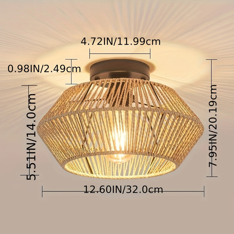 1pieza Linterna de Metal Bohemio, 12.6 pulgadas (31.6 cm), Estilo Rústico, Negro o Marrón, con Sombrilla de Cesta Tejida a Mano, Montaje Semi-Flush, para Dormitorio, Pasillo, Comedor, Entrada Sala de Estar