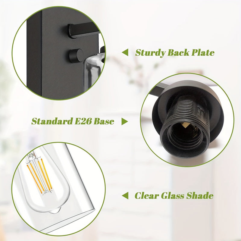 Juego de 2 Apliques de Pared para Baño, Luces Modernas para Tocador, Linternas de Iluminación de Montaje en Pared en Negro Mate, Luces de Pared Estilo Granja con Pantalla de Vidrio Transparente para Dormitorio, Sala de Estar, Pasillo y Cocina (Bombilla I