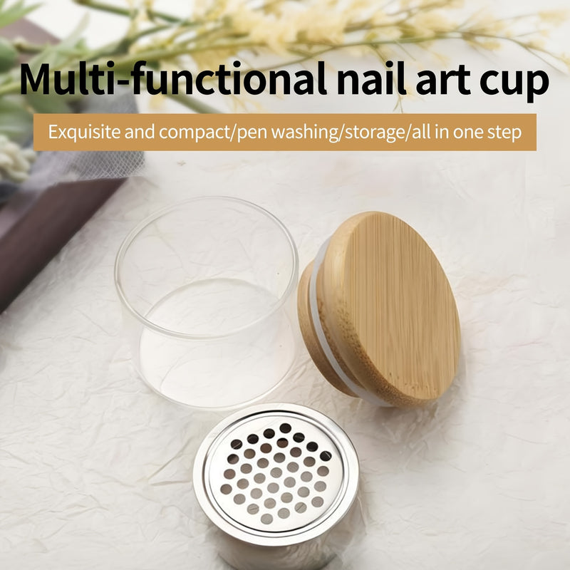 Vaso Limpiador de Pinceles para Uñas con Malla de Acero Inoxidable - Diseño Resistente al Calor y Tapa de Madera, Operación Manual Sin Olores, Mantenimiento Eficiente de Gel y Acrílico, Portapinceles Elegante