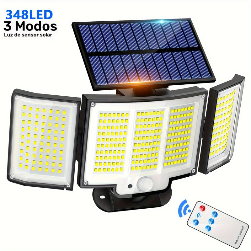1 unidad/2 unidades de luz solar exterior, luz de seguridad con 348 LEDs y control remoto, foco de pared con sensor de movimiento de 3 cabezales, 270° de ángulo amplio, 3 modos de iluminación, lámpara para jardín, patio, garaje, puerta principal, piscina