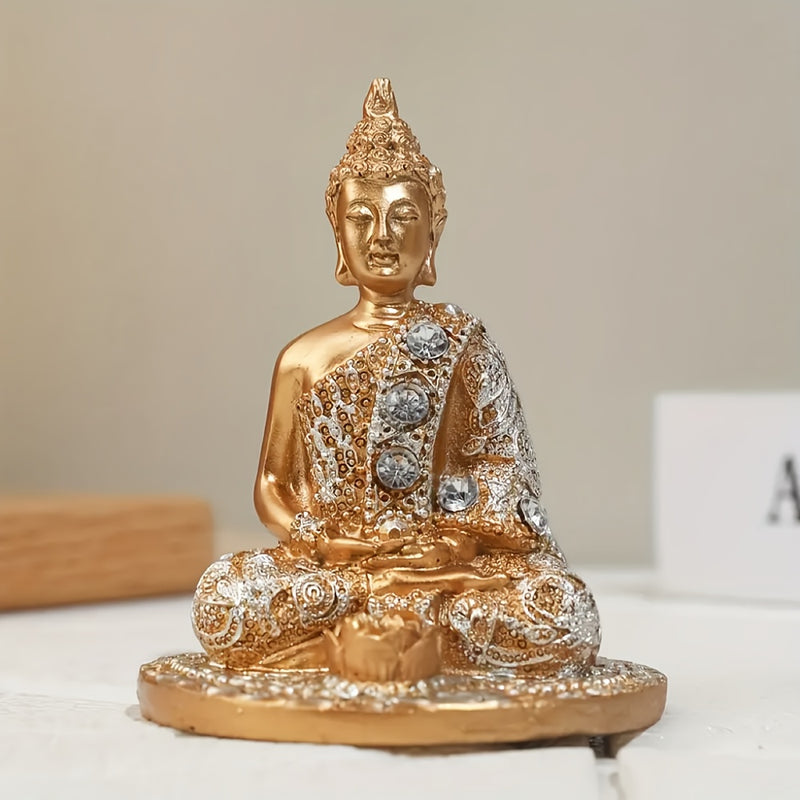 1pc Quemador de incienso de Buda dorado elegante, arte de resina con acentos de cristal, decoración zen para meditación, yoga, sala de té - Porta incienso sin humo para días festivos conmemorativos