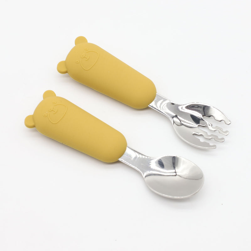 Cubiertos de acero inoxidable 304 estilo caricatura, cuchara y tenedor con diseño de oso de silicón