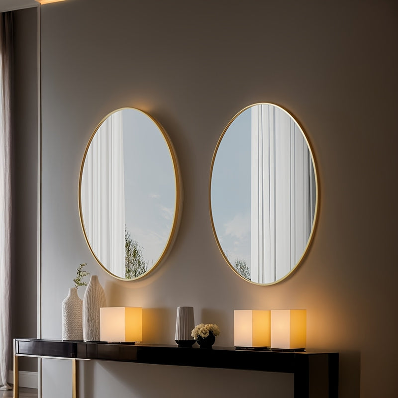 Espejo de tocador ovalado dorado/negro con marco de metal - Montaje en pared, espejo de aluminio pulido para vestir, dormitorio o decoración de sala de estar - Colgando horizontal o verticalmente, decoración de pared con espejo