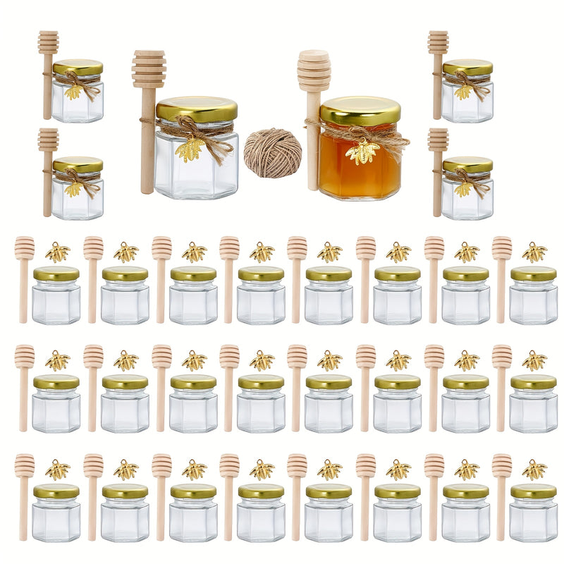 60/50/30/20 piezas de frascos de vidrio para miel, frasco hexagonal mini de 1.5 oz con cuchara de madera, tapa dorada, colgante de abeja y cuerda de yute, para mermeladas, dulces, baby shower, bodas y fiestas