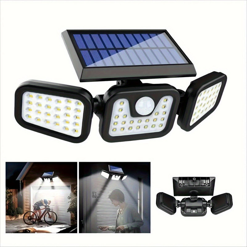 Luz solar de pared con 3 cabezas y 74 LED, ajustable, con sensor de movimiento, IPX4, para exteriores, hogar, jardín, patio, energía solar con batería, luces solares para exteriores, iluminación de patio, iluminación moderna, iluminación duradera.