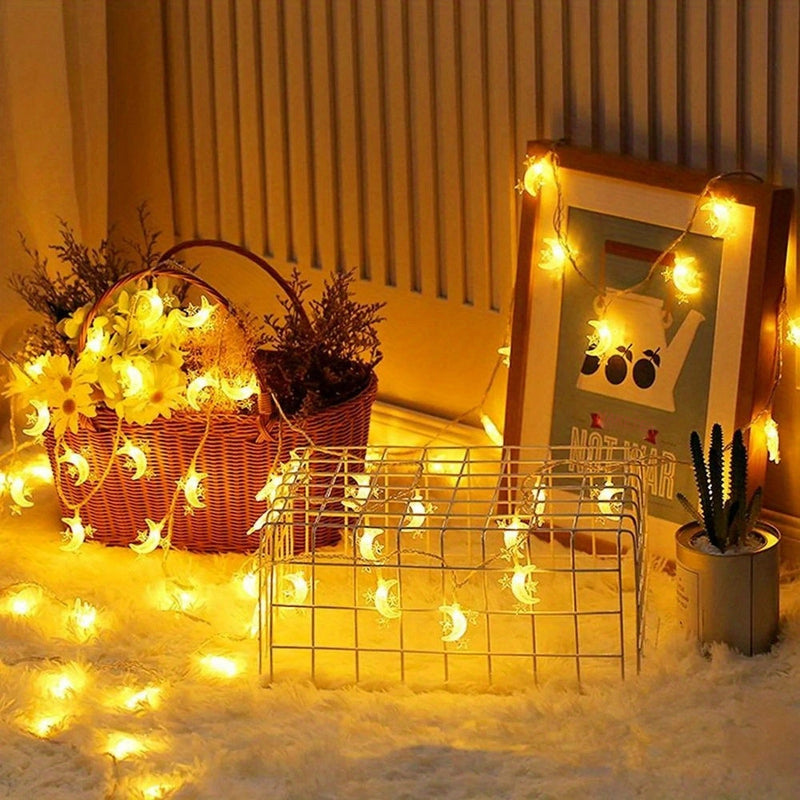 1pc Luces de cuerda LED Majisu Moon, alimentadas por batería, control por botón, luces de hada decorativas para interior para Ramadan, montable en pared, no impermeable, ≤36V