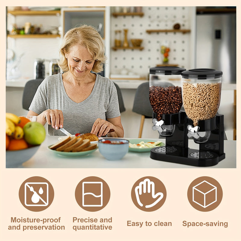 Dispensador de granos de 2 litros con dos tazas, contenedor de almacenamiento de alimentos secos con soporte de dos cabezas para caramelos, nueces, arroz, avena, granos, etc., material PET, forma redonda, tapa giratoria, solo lavado a mano, uso múltiple
