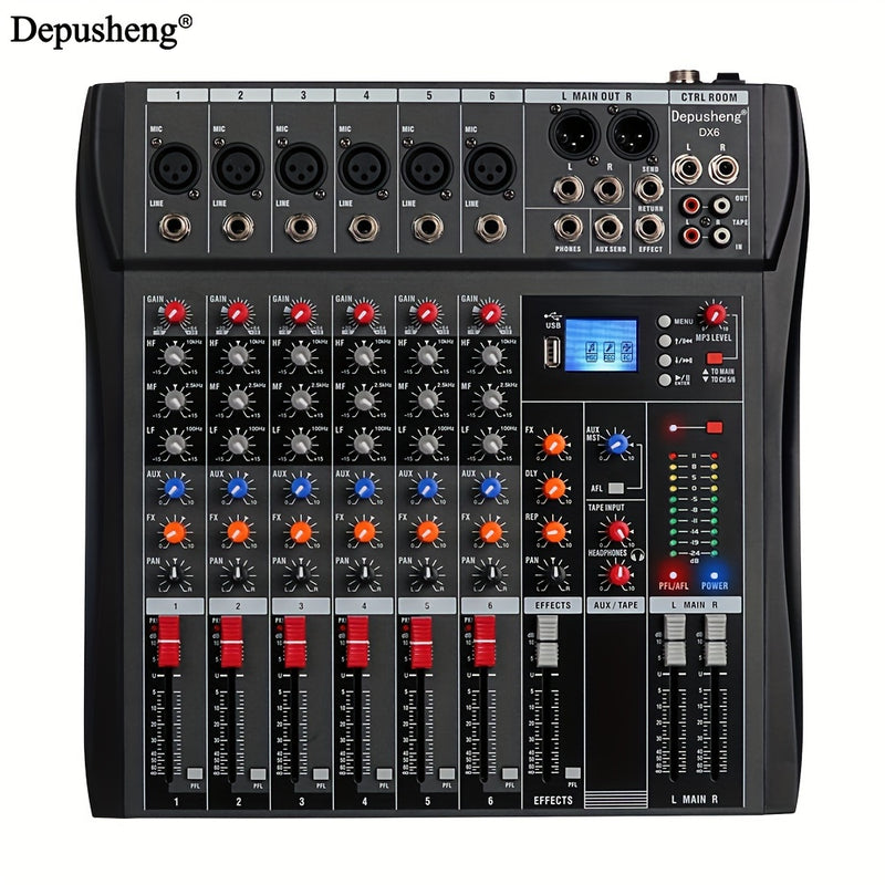 Mezclador de audio profesional DEPUSHENG de 6/8/12 canales - Negro, encendido, 110V-130V, estándar estadounidense, con USB, XLR, alimentación fantasma y entradas/salidas RCA para DJs, estudios y bares