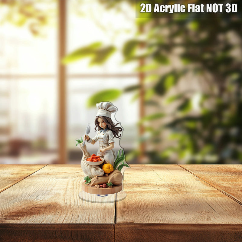 Decoración de chef femenina en cristal plano 2D - Adorno giratorio para mesa con tenedor y cuenco de ingredientes, ideal para decoración de cocina o regalo temático de cocinero | Diseño optimista y detallado, 2D plano