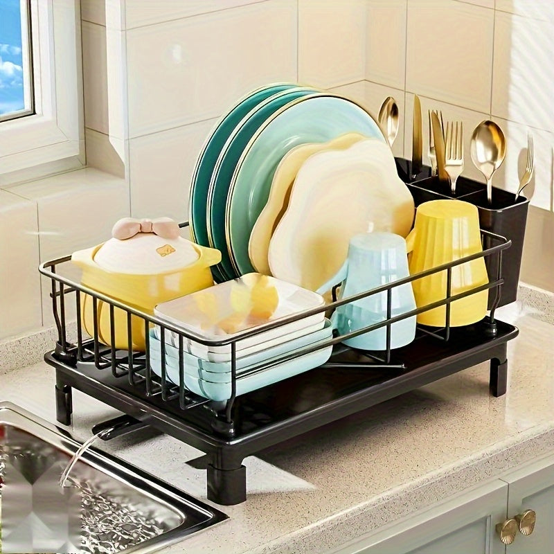 1pc Estante de Metal Ahorrador de Espacio con Portavasos y Tabla de Drenaje, Organizador de Cocina para Encimera, Estante de Acabado Pintado para Almacenamiento de Platos y Cubiertos - Negro/Blanco, Estante de Pie