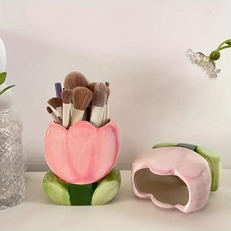 Soporte de cepillo de maquillaje floral, taza de lápiz de escritorio, accesorio de almacenamiento decorativo para oficina y dormitorio, no necesita electricidad, regalo único para Halloween y Navidad (1 pieza)