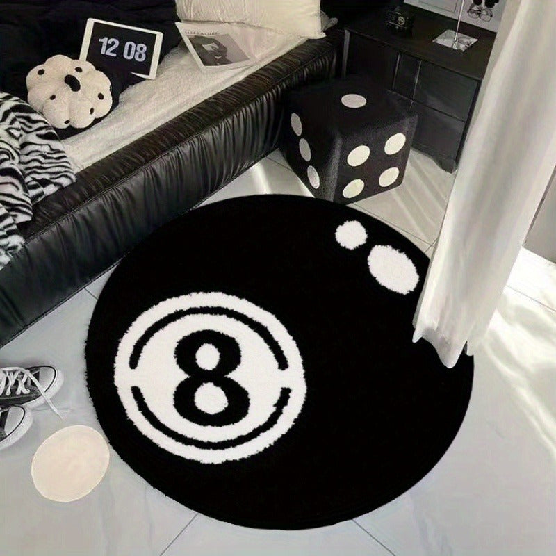 1pc Alfombra Redonda de Billar con Impresión del Número 8, Alfombra de Piso de Felpa Suave para Sala de Estar, Salón, Dormitorio, Decoración Interior Creativa, Lavar en Máquina, 100% Poliéster