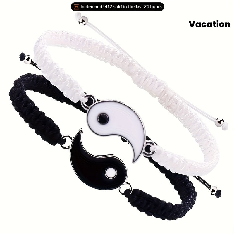2 unidades de pulseras de pareja Yin Yang Tai Chi, cuerda de poliéster ajustable, estilo de vacaciones sencillo, tema de símbolos religiosos, regalo de amistad para usar diario para mejor amigo/novio/novia - Todas las estaciones
