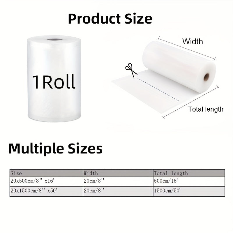 1 Rollo de Bolsas Texturizadas para Almacenamiento de Alimentos al Vacío, 20 cm de Ancho con Opciones de 5 m y 15 m de Largo, Cortable a Medida, Ideal para Prolongar la Frescura y Conservar el Sabor de Carne, Verduras y Más, Duraderas