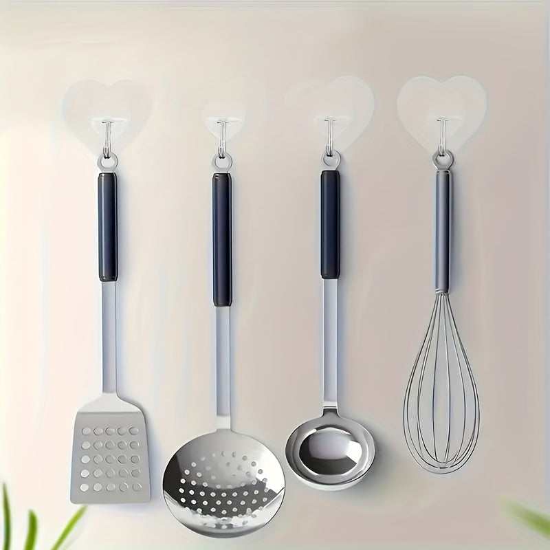 10 ganchos adhesivos grandes y resistentes, copas de succión transparentes sin taladro, soportes para pared en forma de corazón reforzados para almacenamiento en cocina y baño, fácil instalación, estilo casual, ganchos utilitarios