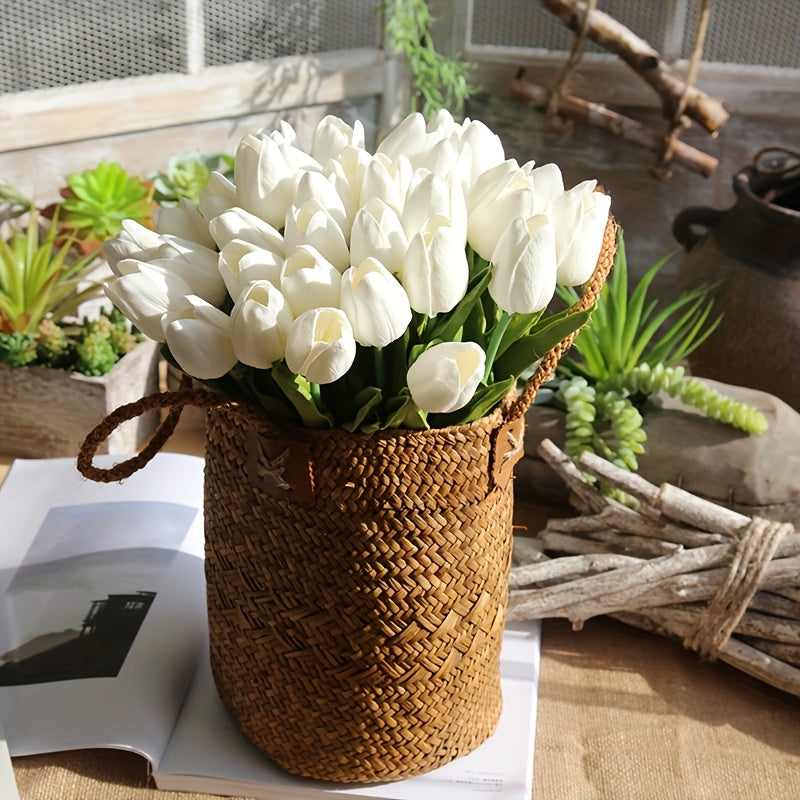 20 piezas de Tulipanes Artificiales Blancos Elegantes, con Hojas Verdes Luxuriantes, para Bodas, Compromisos, Decoración del Hogar