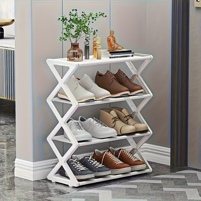 Estante de zapatos de 4 niveles que ahorra espacio - Estante de almacenamiento duradero de metal y plástico, adecuado para zapatos, botas, joyas, relojes - Diseño compacto negro/blanco, ideal para entrada, armario, espacios pequeños, organizador de pies