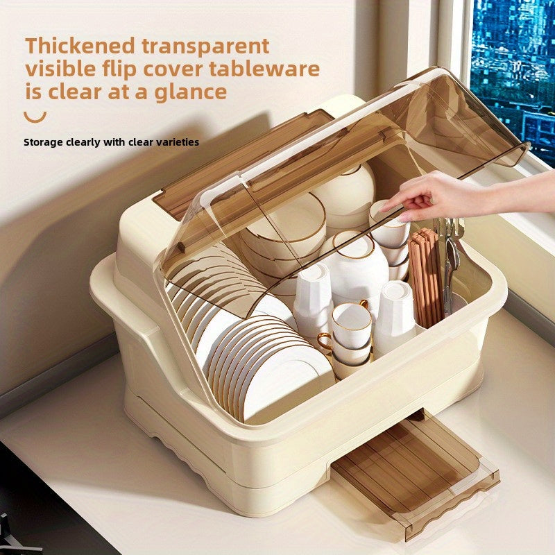 1 caja de almacenamiento de cocina de gran capacidad con tapa - A prueba de polvo, ideal para cubiertos, palillos, cuchillos, tenedores y especias - Organizador de plástico blanco para armarios y encimeras, solución de almacenamiento de cocina | Organiza