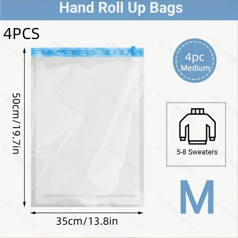 Bolsas de ahorro de espacio de 4 paquetes, bolsas de almacenamiento de compresión al vacío sin bomba, organizador de viaje enrollable, bolsas de plástico multiusos con cremallera para empacar ropa, equipaje, mochilas - Forma rectangular, uso sin electric