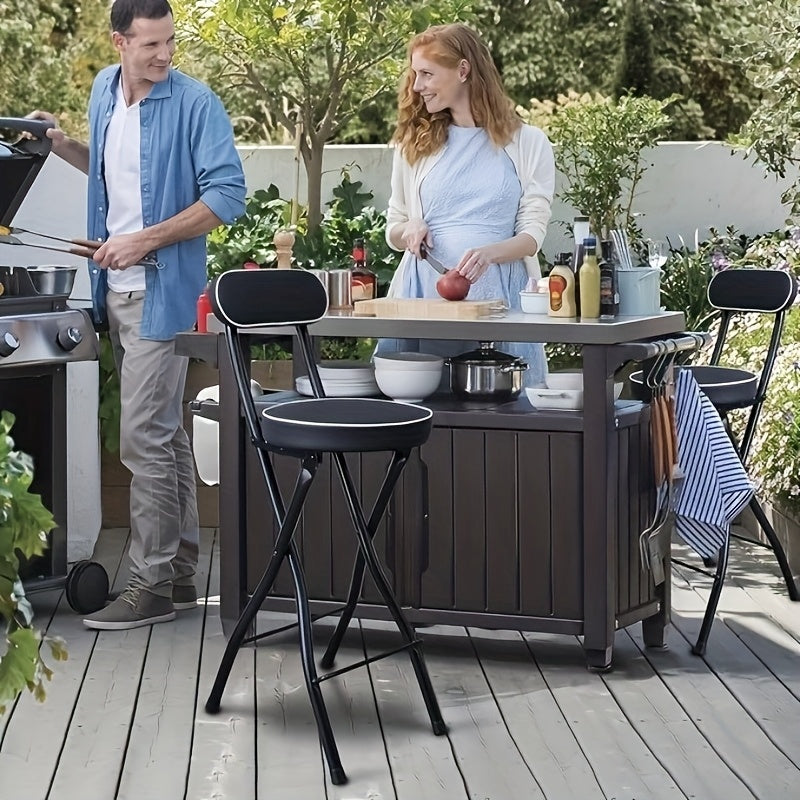1pc Silla de bar plegable contemporánea, tapizada en cuero con relleno, estructura metálica, respaldo sólido, relleno de esponja, fácil de limpiar, diseño plegable para pisos duros, no requiere electricidad ni batería