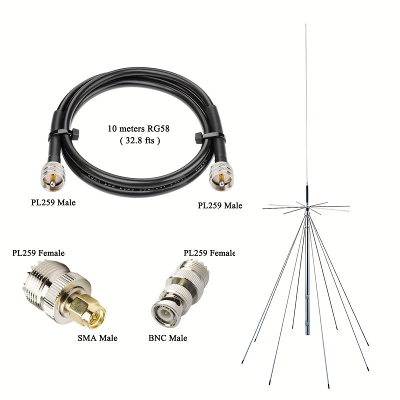 Antena GMRS de 25 pies, 1300 MHz, con cable de 10 metros y conectores PL-259 y SMA. Soporta transmisiones de radio HF, AIR, UHF, VHF, FM, AM, FRS y Diamond Conical. Funciona a 1090 MHz, sin carga, sin batería. Mejora el señal AM/FM. Fácil instalación. An