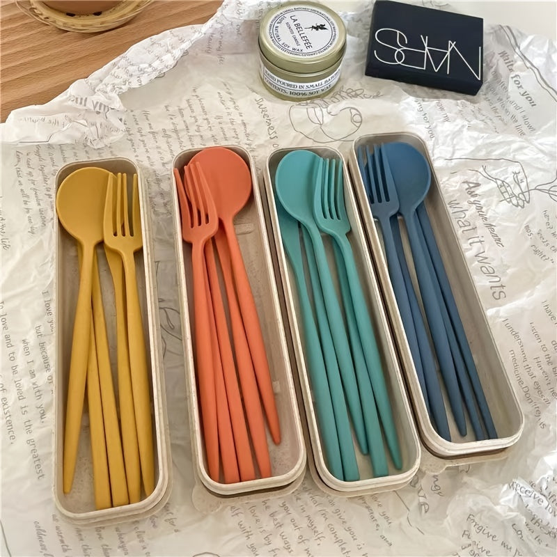 4 Piezas, Cubiertos Portátil De Paja De Trigo, Fácil De Limpiar Y Almacenar, Resistente A Caídas, Adecuado Para Estudiantes, Cuello Blanco, Cuello Azul, Uso De Viajes De Cena Al Aire Libre