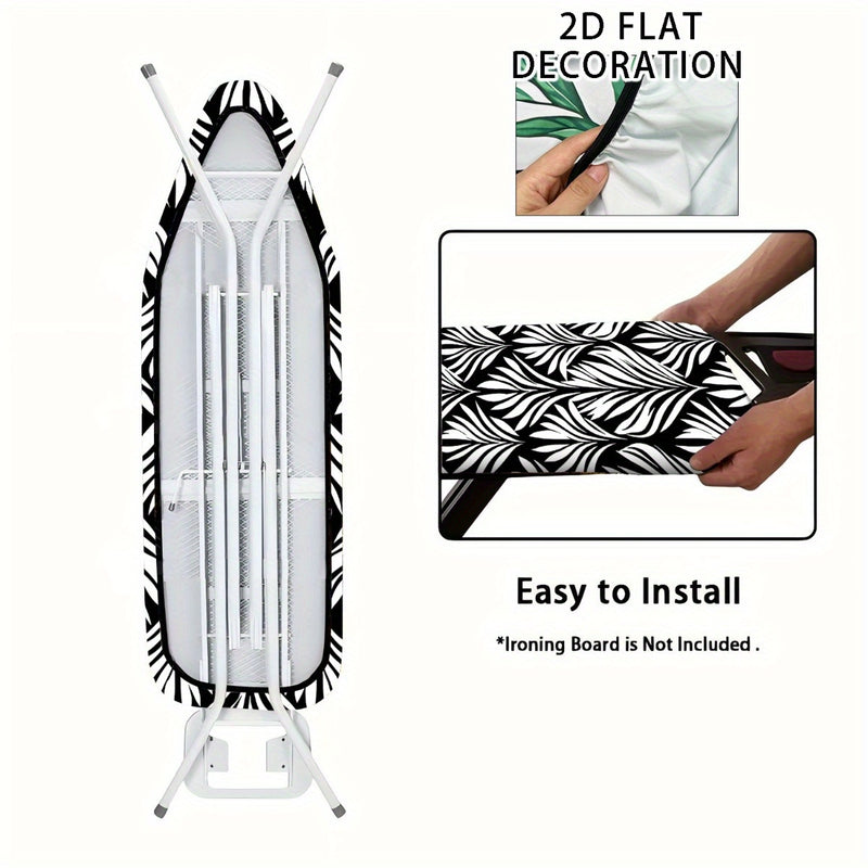 1 cubierta de tabla de planchar de acero pesado con borde elástico - Rejilla completa, gancho estándar, lavable en máquina, diseño de hojas negras y blancas, se ajusta a la mayoría de las tablas estándar, seguro para planchar, artículos esenciales del ho
