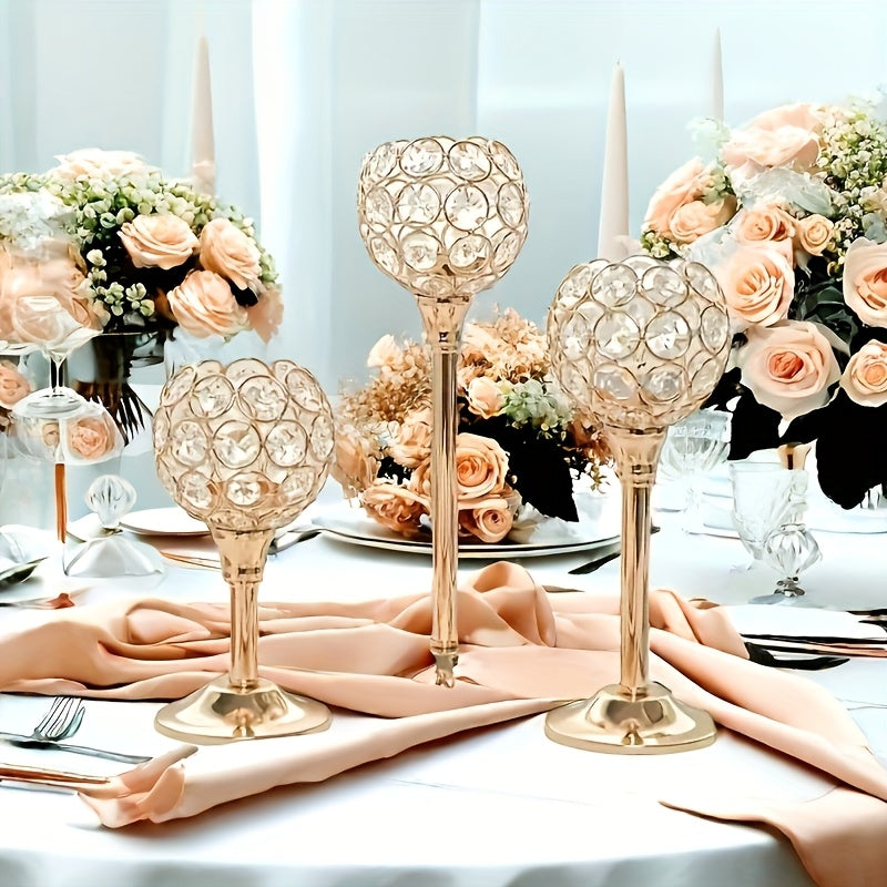 3 piezas de soportes de velas de cristal dorado elegante con acentos de cuarzo rosa - Perfectos para bodas, San Valentín, Navidad y fiestas (velas no incluidas), soportes de velas para mesa