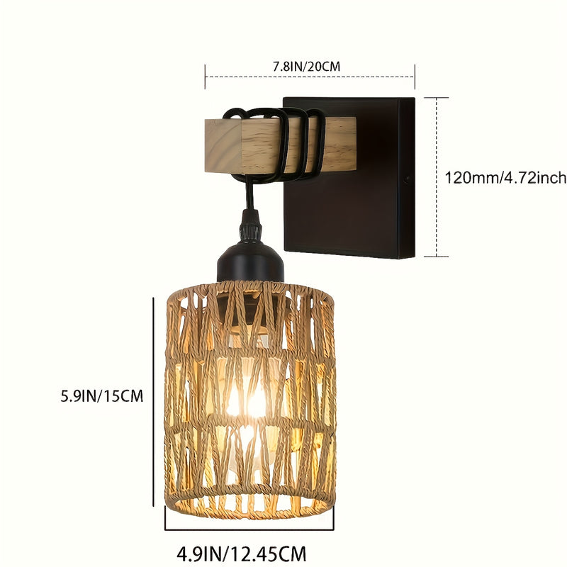1pz/2pzs Apliques de Pared Estilo Boho de Ratán, Lámparas de Pared Tejidas al Hilo con Brazo de Madera para Casa de Campo, Grandes Luces Montadas en la Pared Rústicas de Mimbre para Dormitorio Guardería Sala de Baño y Salón