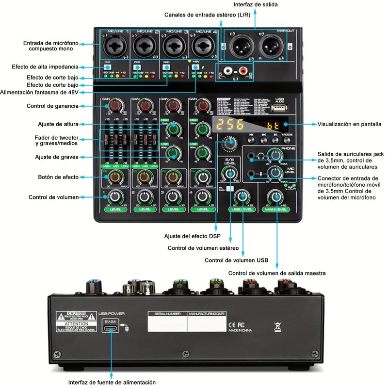 Tynan Mezclador de Audio USB de 6 canales con 256 efectos de reverberación RGB, fuente de alimentación elegante, transferencia de datos de alta velocidad - Lleva tu experiencia musical al siguiente nivel con este equipo de grado profesional, mezclador pa