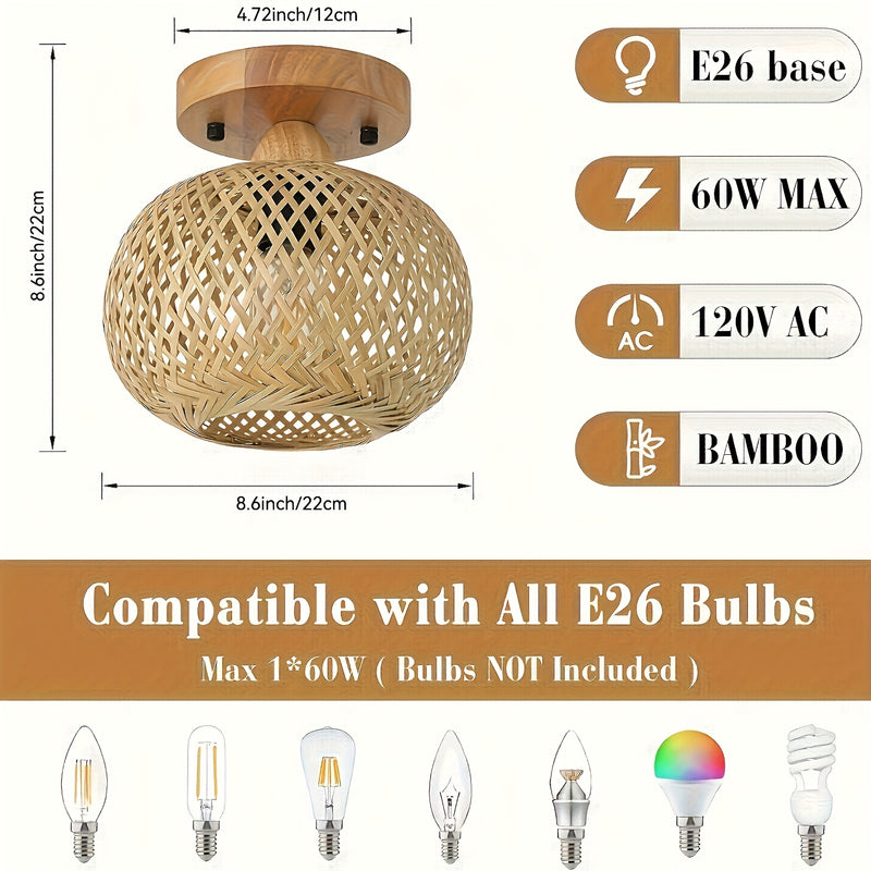 1pc Lámpara de techo de bambú tejida a mano - Estilo Bohemio, Eficiente en energía con base E26, Ideal para salón, dormitorio, cocina, pasillo, Iluminación de cocina | Iluminación de estilo bohemio | Lámpara de techo tejida a mano